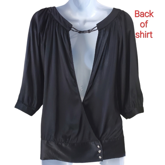 GUESS Brand Party Boho Peasant Shirt Black w/Rhinestones Scooping Neck Open Back - Picture 1 of 7
